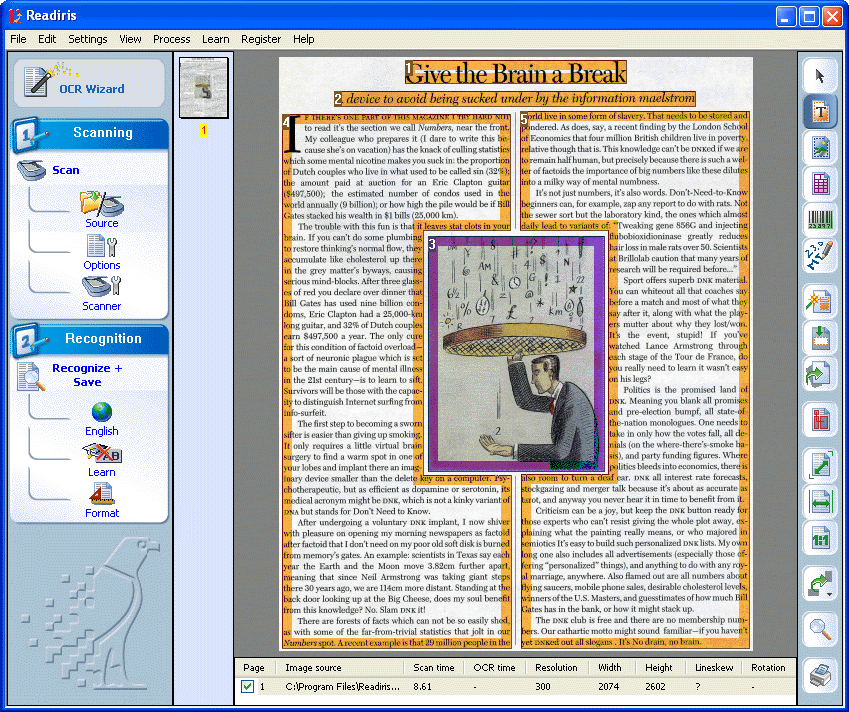 Page analysis of a full-page document with a complex layout